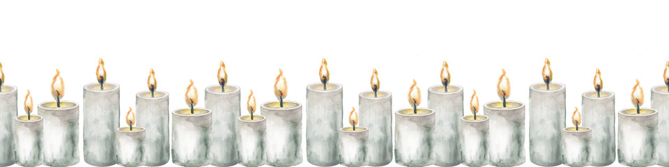 A hand-drawn watercolor border with gray candles. Seamless frame with burning candles isolated on a white background. A watercolor template for your design, labels, packaging and printing. Halloween.