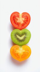 Three heart-shaped slices of tomato, kiwi, and orange are stacked vertically on a white background, creating a vibrant and healthy visual