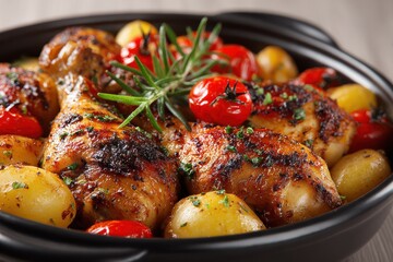 Golden roasted chicken with crispy skin, garnished with herbs, served with potatoes and cherry tomatoes in a black bowl-comfort food perfection