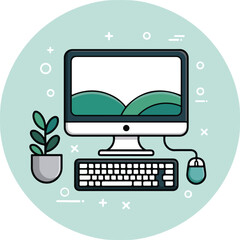 Modern Computer Setup with Plant in a Flat Design Style