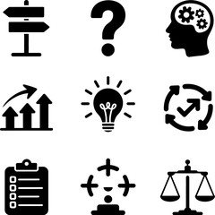 A collection of nine black and white icons representing various business concepts