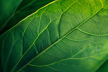 Obraz premium Detailed close-up of vibrant green leaves showcasing intricate vein patterns in natural light