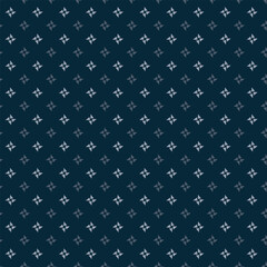 Small white flowers pattern doodle shapes motif continuous blue background. Modern floral fabric design textile swatch ladies dress, men's shirt all over print block.