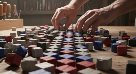 Hands arranging painted wooden cubes on a table with tools in the background isolated on white background, tarensparent background, png, jpg,jpeg,  on transparent background