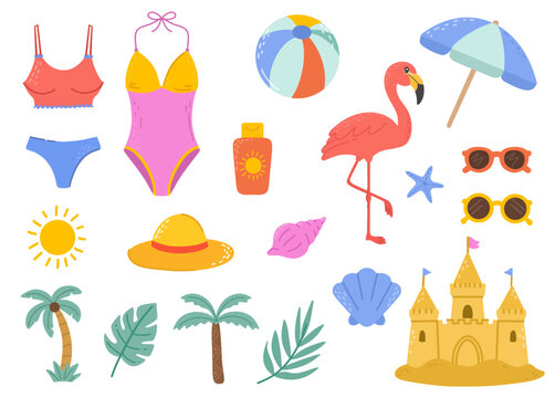 Summer set with swimwear, bikini, flamingo, beach ball, sunhat, sand castle, palm trees, shells, umbrella. Rest time, vacation. For summer designs.