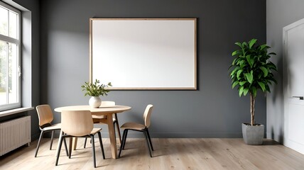 Stylish scandy interior, modern dining room with wooden frame for painting mock up. dinner table, chairs at kitchen in new apartment