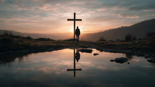 Warm sunset colors illuminate a man standing near a cross, his reflection mirrored in the still water below, creating a serene scene of contemplation and faith