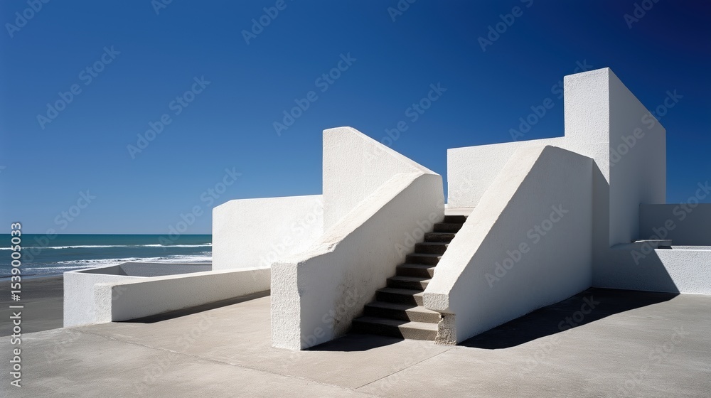 Poster modernist concrete structure with geometric shadows overlooking a calm ocean under clear blue sky