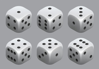 White dice with black dots. Vector 3d dice isolated on gray background.