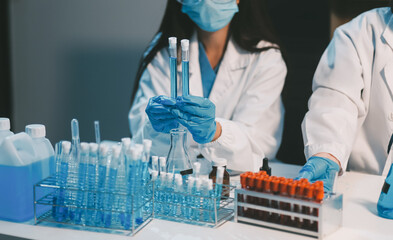 Research, experiment and medical trial being done by a scientist in a lab, science facility or...