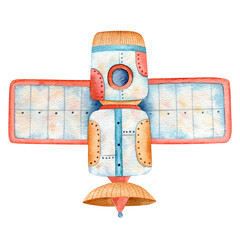 Space watercolor hand-drawn illustration with spaceship. Cute cartoon illustration for kids 