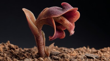 Hydnora africana: A studio image emerging arid soil Southern Africa fleshy reddish flower parasitic appearance.
