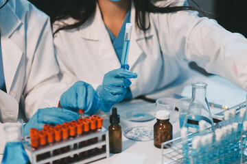 Research, experiment and medical trial being done by a scientist in a lab, science facility or...