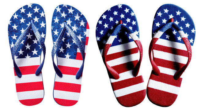 Two pairs of flip-flops featuring the American flag design with stars and stripes in red, white, and blue colors.
