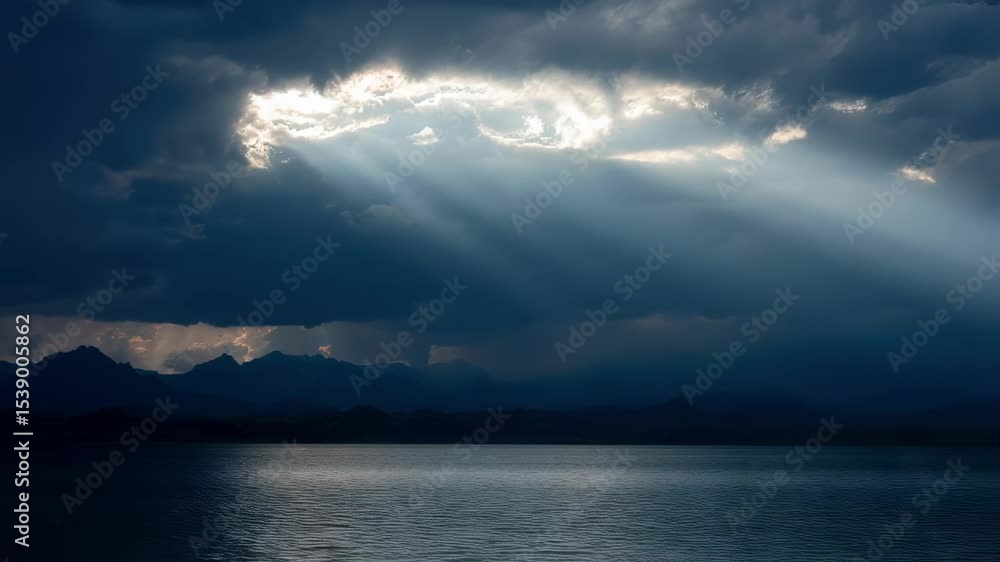 Poster beautiful light beams are radiating through an opening in dark clouds over a calm lake, illuminating