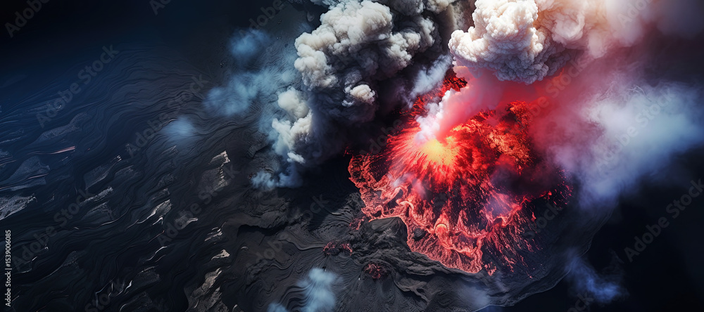 Wall mural volcano eruption from a bird view. volcano crater and magma flow shot from above. genertated ai.