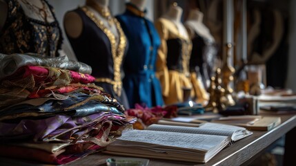 Naklejka premium Elegant Fashion Workshop with Colorful Fabrics