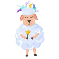 Sheep with stars, moon, magic wand and feathers on head. For kids products, bedtime themes, storybook designs.