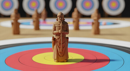 A warrior figurine stands on a target with other figurines and targets behind it isolated on white background, tarensparent background, png, jpg,jpeg,  on transparent background