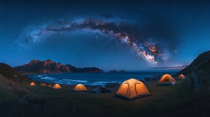 Camping tents glow softly along a beautiful shoreline while the Milky Way arches majestically over the horizon