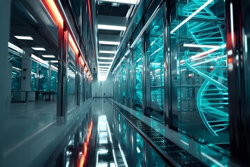 A gleaming futuristic corridor with glowing DNA structures, symbolizing breakthroughs in genetic engineering, biotechnology, medical research, and advanced scientific innovation in a cleanroom
