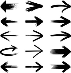 Collection of black grunge arrows pointing in various directions on white background
