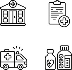 A collection of medical icons including a hospital ambulance clipboard and medicine bottles