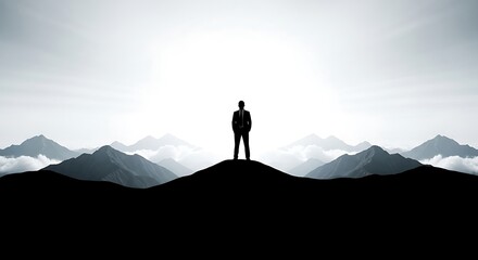 Silhouette of Man Standing on Mountain Peak Gazing at Distant Peaks and Clouds