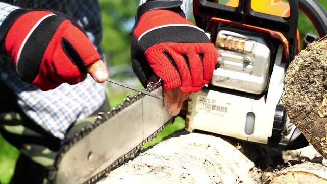 A man sharpens a chain at a chainsaw in the garden
