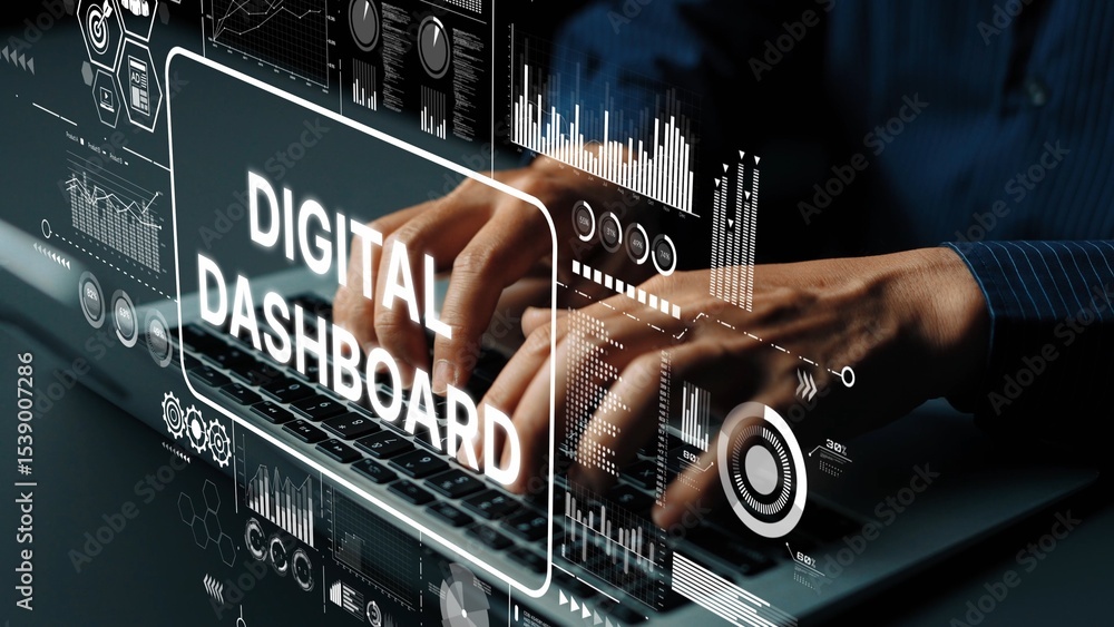 Aufkleber hands typing on laptop with digital dashboard and data visualization elements in modern workspace en