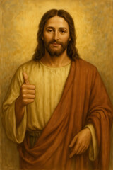 Naklejka premium Religious figure giving thumbs up gesture with warm golden lighting in traditional biblical style painting