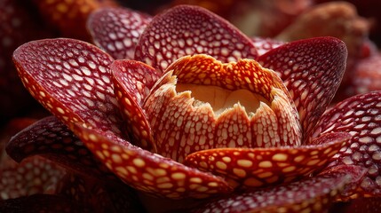 Rafflesia arnoldii: A studio close up photo parasitic flower massive reddish petals no visible stem roots rare otherworldly bloom.
