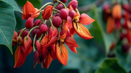 Mucuna bennettii: A studio close up photo vivid red orange cascading blooms lush green tropical foliage striking exotic.