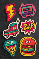 Vibrant Retro Cartoon Stickers: Lightning, Skate, Cassette, Zap Bubble, Burger