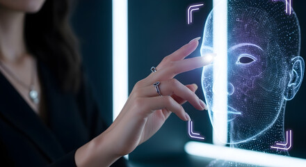 Woman interacting with a digital face scan technology using her fingertip touch isolated on white background, tarensparent background, png, jpg,jpeg,  on transparent background