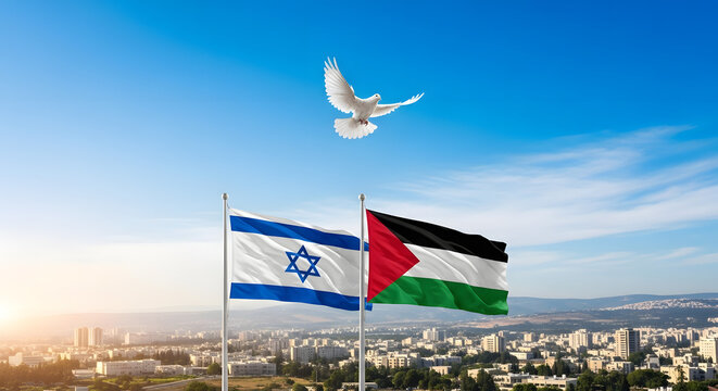 Israel and Palestine Flags with Dove of Peace Against City and Blue Sky - Symbolism and Hope.