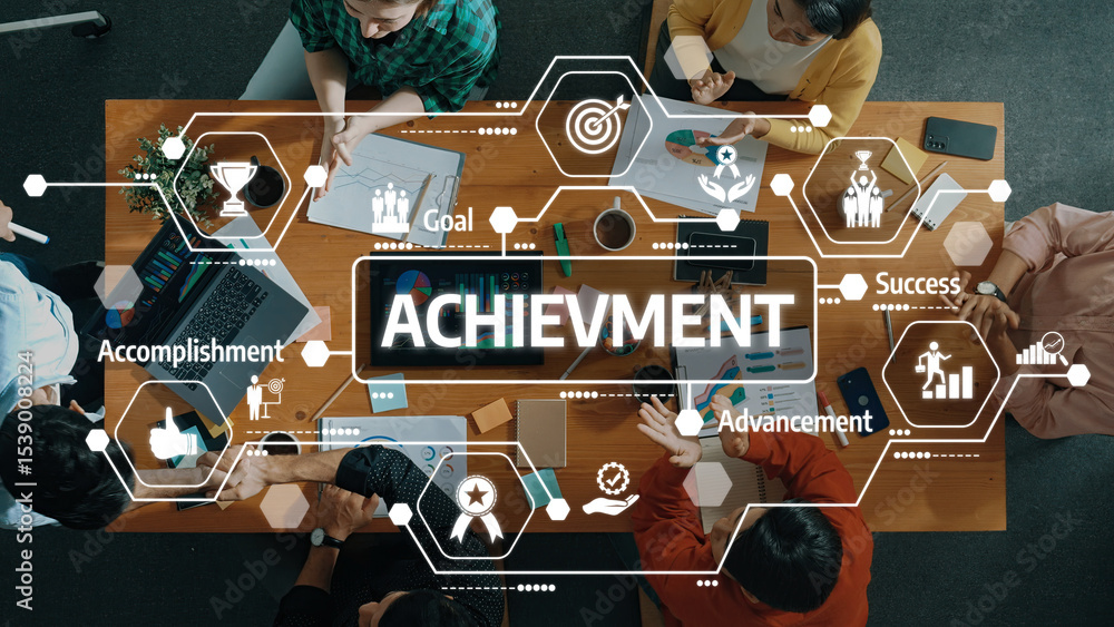Aufkleber a dynamic overhead view of a diverse team collaborating in an office setting, focused on achievement
