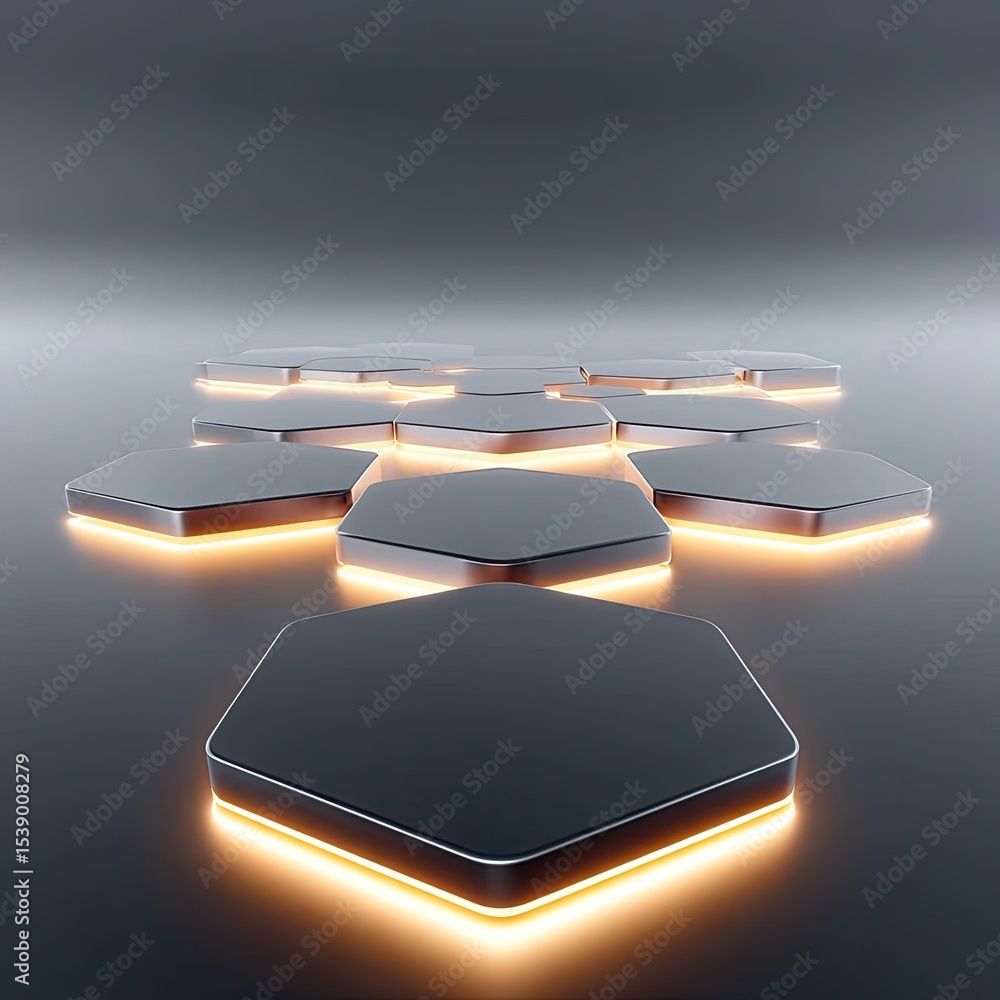 Poster Glowing Metallic Hexagons Symmetrical Pattern on Dark Background