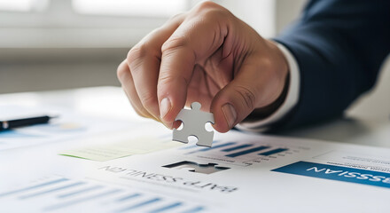 Hand holding puzzle piece above chart completing business strategy concept isolated on white background, tarensparent background, png, jpg,jpeg,  on transparent background