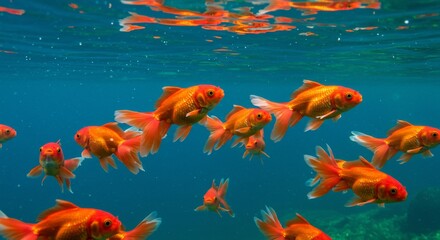 Vibrant Orange Goldfish Schooling Underwater