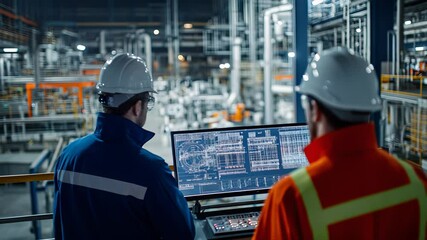 Two factory workers in helmets monitoring industrial processes on large screens, blurred machines in background. Concept of automation and smart manufacturing - Powered by Adobe