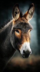 Close-up of a donkey showcasing detailed features in a serene forest environment during early morning light