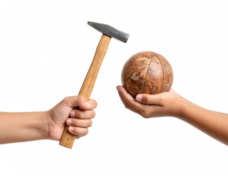 A hand holds a hammer poised to strike a carved wooden ball