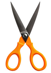 A pair of scissors with sharp metal blades and bright orange plastic handles.
