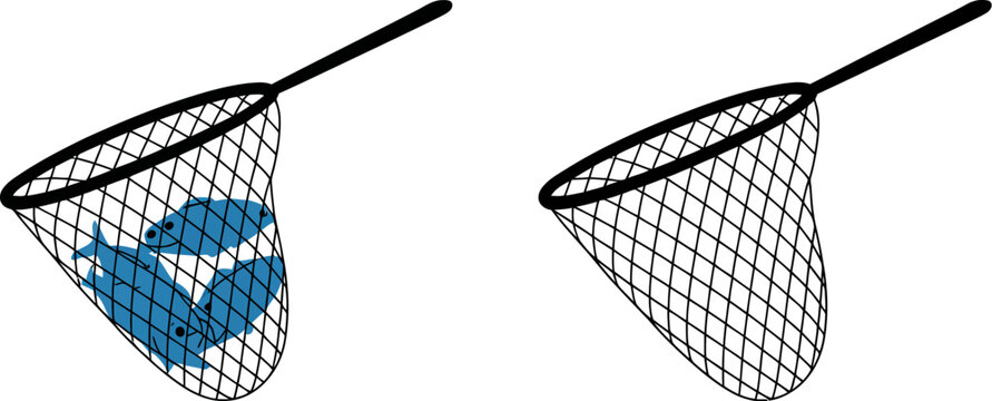 Fishing net illustration with blue fish and empty net vector design for fishing industry concept art editable stock vector illustration