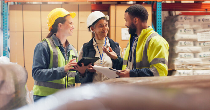 Supply chain, team and people on tablet in warehouse for online inventory, checklist and inspection. Manufacturing, logistics and boss on tech with workers for collaboration, shipping and planning