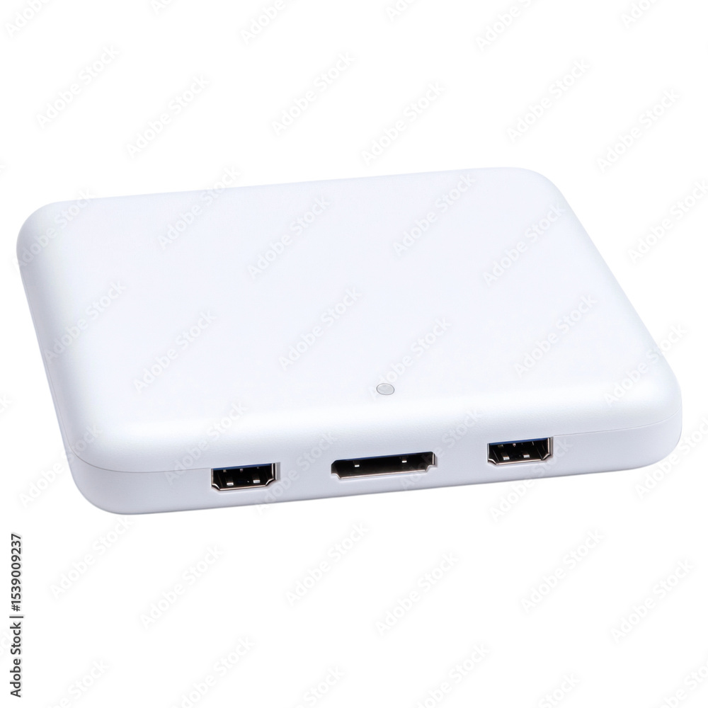 Poster a sleek, white rectangular electronic device featuring multiple ports for connectivity, designed wit