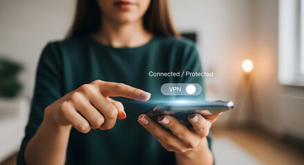 Woman using vpn on her smartphone for secure connection and data protection online isolated on white background, tarensparent background, png, jpg,jpeg,  on transparent background