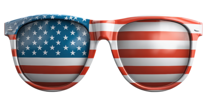 Sunglasses featuring the American flag design with stars on the left lens and stripes on the right lens.