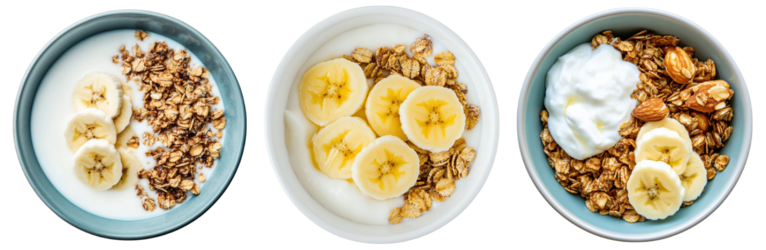 Three bowls filled with granola, banana slices, and yogurt arranged in a row.